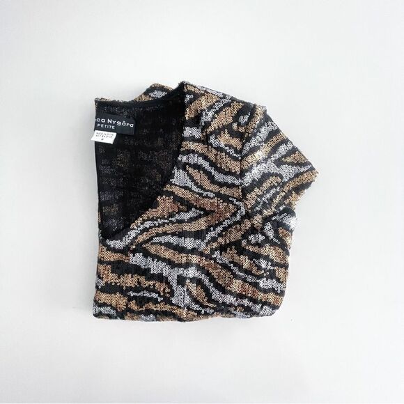 Bianca Nygard Petite Sequined Top Women's 6 V-Neck Gold Silver Cap Sleeves Lined - Picture 10 of 10